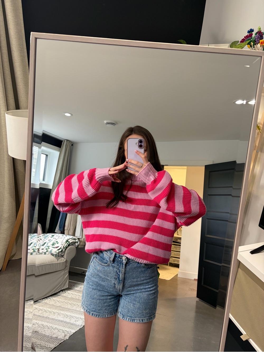 Pink Striped Oversized Knit Sweater - Women